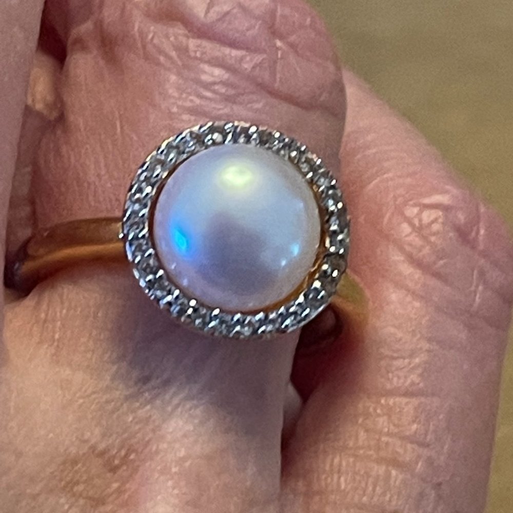 Honora Yellow Bronze H Italy 9 mm Button Pearl Ring with White Topaz Gems